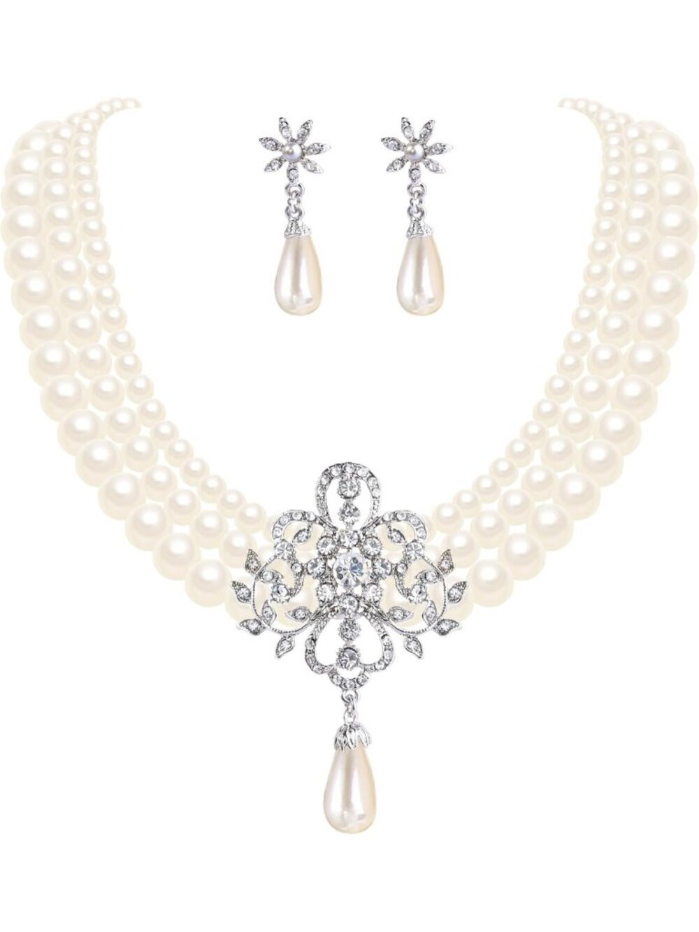 Elegant Silver-Tone Ivory Pearl Crystal Victorian Bridal Jewelry Set - Necklace